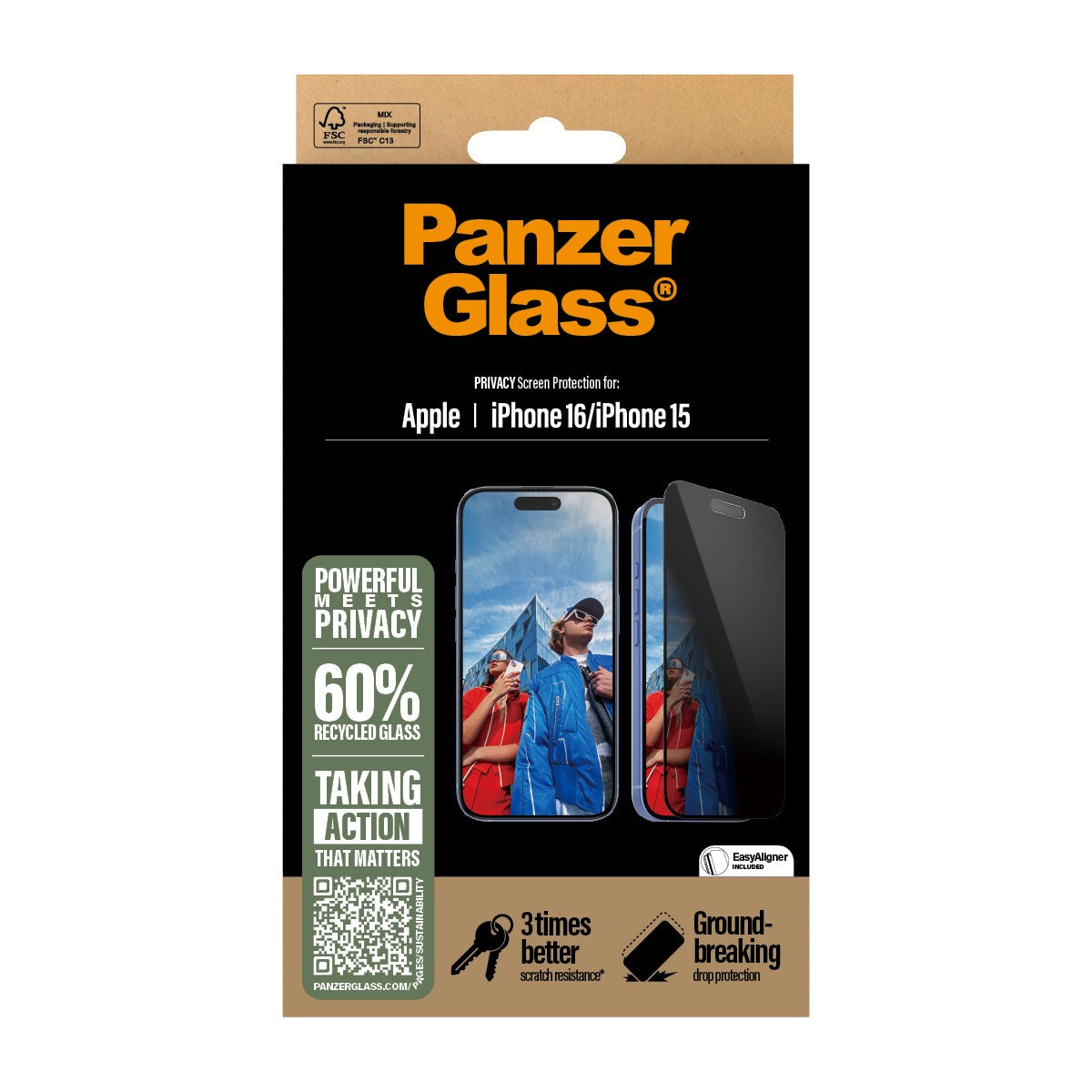 PanzerGlass® Privacy Skærmbeskyttelse iPhone 16 | 15 | Ultra-Wide Fit m. EasyAligner